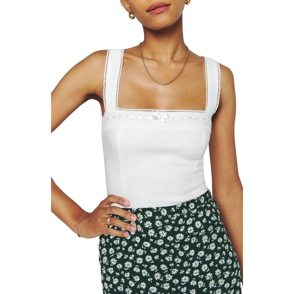 Reformation Eloise Linen Smocked White Top